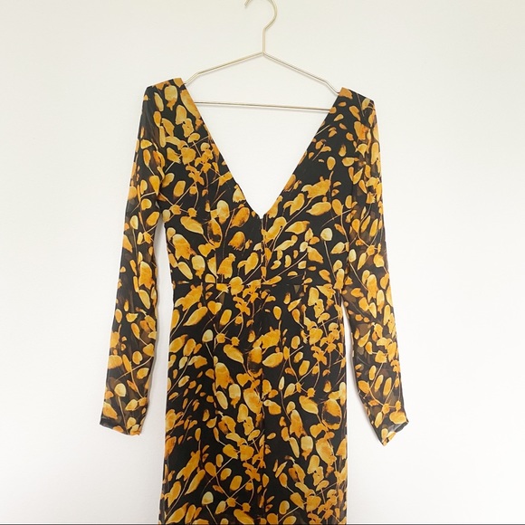 Sau Lee Michella Leaf Print Midi Dress Plunge Black Marigold Spring Boho Size 2 - Picture 4 of 15